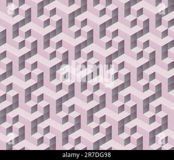 Nahtloses pinkfarbenes isometrisches 3D-cm-Würfelmuster. Abstrakter digitaler, farbenfroher geometrischer Hintergrund. Stock Vektor