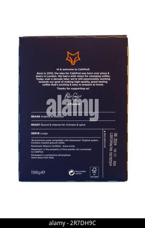 Informationen auf der Packung Cafepod Kaffeeintensität 9 g, isoliert auf weißem Hintergrund – arabica-Bohnen und Robusta Stockfoto