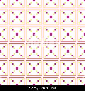 Elegantes rotes geometrisches Muster mit Quadraten und kleinen lila und gelben Details Stockfoto