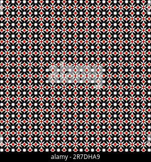 Geometrisches Muster mit roten Diamanten und schwarzen Blumenformen auf weißem Hintergrund Stockfoto