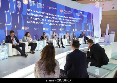 Sankt Petersburg, Russland. 14. Juni 2023. Dieses Foto zeigt ein Subforum der 26. St. Petersburg International Economic Forum (SPIEF) in St. Petersburg, Russland, 14. Juni 2023. Die SPIEF 26. begann am Mittwoch im Expoforum in Russlands zweitgrößter Stadt St. Petersburg. Kredit: Irina Motina/Xinhua/Alamy Live News Stockfoto