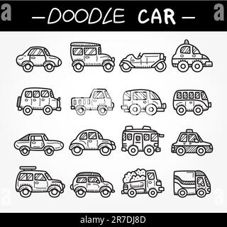 doodle Cartoon-Auto-Icon-Set Stock Vektor