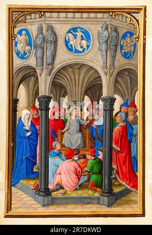 Simon Bening, Jesus unter den Ärzten, beleuchtetes Manuskript in Tempera, Goldfarbe und Blattgold, 1525-1530 Stockfoto