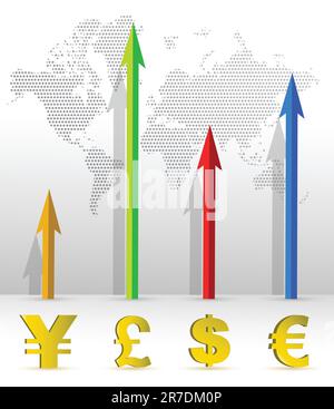 Währung Business Grafik Illustration Design und Welt Karte Stock Vektor