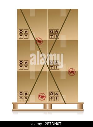 Kartons auf Holzpalette isoliert auf weiss Stock Vektor