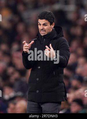 Aktenfoto vom 21.-04-2023 von Arsenal Manager Mikel Arteta. Mikel Arteta wird wahrscheinlich nicht vom Zeitplan von Arsenal beeindruckt sein, da die ersten beiden Champions League-Spiele des Vereins in sechs Jahren den Spielen gegen Tottenham und City unmittelbar voraus sind. Ausgabedatum: Donnerstag, 15. Juni 2023. Stockfoto