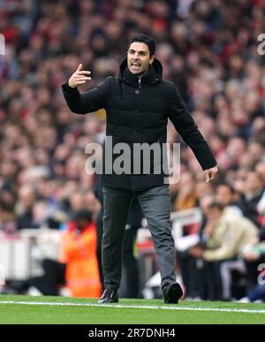 Aktenfoto vom 01.-04-2023 von Arsenal Manager Mikel Arteta. Mikel Arteta wird wahrscheinlich nicht vom Zeitplan von Arsenal beeindruckt sein, da die ersten beiden Champions League-Spiele des Vereins in sechs Jahren den Spielen gegen Tottenham und City unmittelbar voraus sind. Ausgabedatum: Donnerstag, 15. Juni 2023. Stockfoto