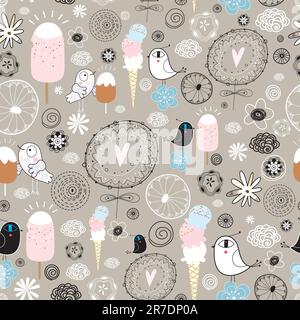 Nahtloses Muster aus lustigen Vögeln und Eiscreme auf braunem Hintergrund Stock Vektor