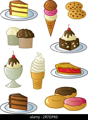 Verschiedene lustige Desserts und Süßigkeiten in einem lustigen Cartoon-Stil. Stock Vektor