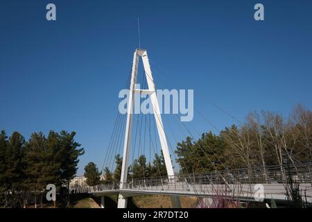 Blick auf die schlanke, moderne, zarte, weiße Aufhängung mit Seilbahnbrücke über einem Kanal. Im Anhor Park in Taschkent, Usbekistan. Stockfoto