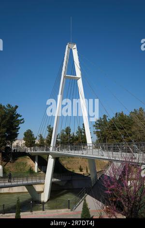 Blick auf die schlanke, moderne, zarte, weiße Aufhängung mit Seilbahnbrücke über einem Kanal. Im Anhor Park in Taschkent, Usbekistan. Stockfoto