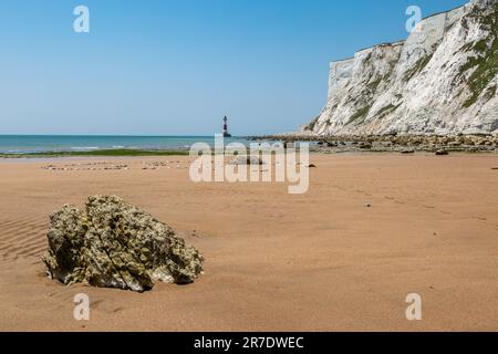 Ein Blick auf den Leuchtturm von Beachy Head und die Chalk Cliffs an einem sonnigen Sommertag Stockfoto