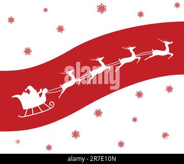 Weihnachtskarte mit einer Silhouette des Weihnachtsmanns und seinem Rentier, einschließlich Rudolph. Weiß auf Rot. Stock Vektor