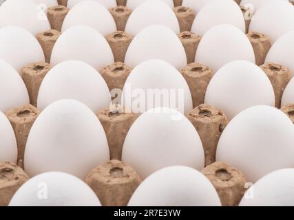 Eierschale mit frischer Weißeierstruktur auf dem Hintergrund. Frische Bio-Hühnereier in einer Pappschachtel. Stockfoto