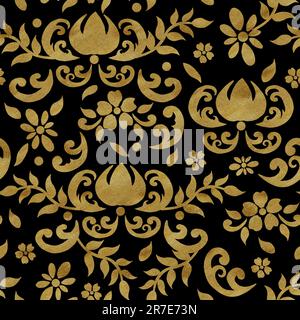 Handgezeichnete Aquarelldarstellung. Nahtloses goldenes Damastmuster. Kann für Textil, Druck oder andere Designs verwendet werden. Blumenmuster. Stockfoto