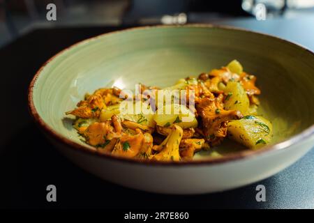 Nahaufnahme einer Schüssel mit lokalen vegetarischen saisonalen Speisen. Gebratene Pfifferlinge und gekochte Kartoffeln mit Kräutern, Petersilie und Dill. Frisches Sommeressen Stockfoto