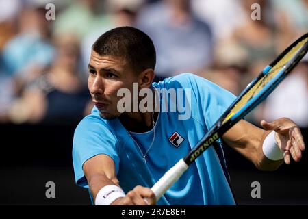 ROSMALEN - 15. 06. 2023, Alexei Popyrin (AUS) in Aktion gegen Tallon Grecian (NED) am vierten Tag des Libema Open Tennis Turniers in Rosmalen. AP-SCHLEIFGERÄT KING Stockfoto