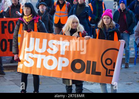 Die Teilnehmer versammeln sich zu einer Just Stop Oil Rallye am Parliament Square im Zentrum von London. Stockfoto