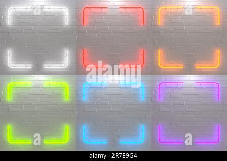 Satz realistischer Neonschilder farbenfroher quadratischer Rahmen für Schablonen auf dem Backsteinhintergrund. 3D-Rendern. Stockfoto