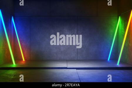 Futuristischer Betonraum mit mehrfarbigen Neonlichtern auf Betonplatten mit rauem Boden, 3D-Darstellung Stockfoto