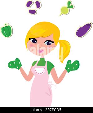 Frau bereitet gesundes Essen zu - Retro-Vektor-Cartoon-Illustration. Stock Vektor