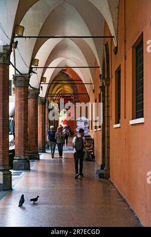 Bologna, Italien - 9. Juni 2023: Wunderschön dekorierter portici in Bologna an einem sonnigen Tag im Sommer. Stockfoto