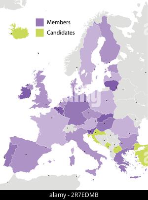 Mitglieder und Kandidaten der Europäischen Union, Ländersilhouetten. EPS-Datei enthält separate Ebenen mit Bezirksname, Grenzen und Ebene mit Bezirken Stock Vektor