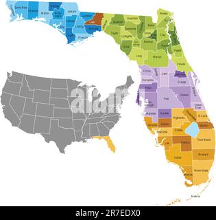 Landkarten der Bundesstaaten Florida mit Grenzen und Namen . Die EPS-Datei enthält separate Ebenen mit Bezirksname, Begrenzungen und Ebenen mit Bezirken. - Nein. Stock Vektor