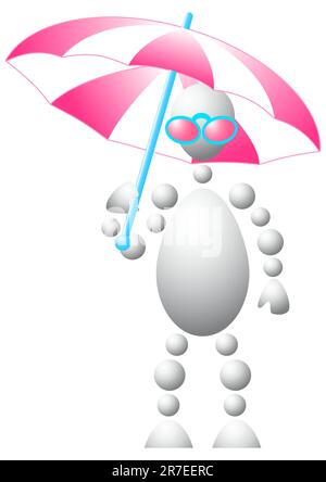 Mann mit pinkfarbener Sonnenbrille und weißrosa Regenschirm. Abstrakte 3D-Human-Serie aus Bällen. Variante von Weiß isoliert auf weißem Hintergrund. Eine vollständige Edita... Stock Vektor