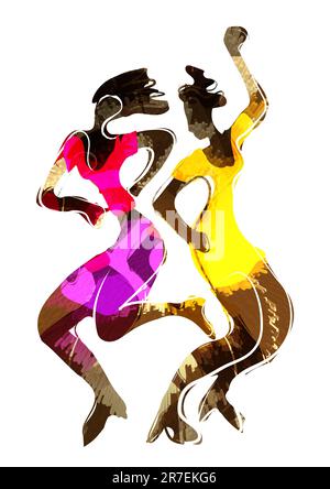 Disco-Tänzerin, attraktive schwarze Mädchen. Ausdrucksstarke, farbenfrohe Illustration von zwei tanzenden Frauen. Isoliert auf weißem Hintergrund. Stockfoto