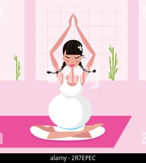 Entspannende schwangere Frau in weißem Kleid meditiert/übt Yoga im Zimmer. Vektordarstellung. Stock Vektor