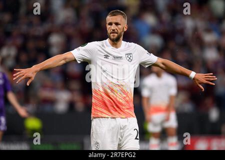 Prag, Tschechische Republik. 07. Juni 2023. Prag, Tschechische Republik, Juni 7. 2023: Tomas Soucek (28, West Ham) während des Finalspiels der UEFA Europa Conference League zwischen ACF Fiorentina und West Ham United in der Eden Arena i Prag, Tschechische Republik. (Vlastimil Vacek/SPP) Guthaben: SPP Sport Press Photo. Alamy Live News Stockfoto