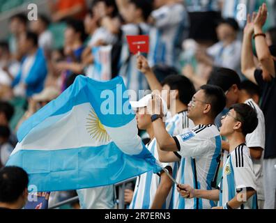 Peking, China. 15. Juni 2023. Fans werden vor einer internationalen Fußballeinladung zwischen Argentinien und Australien in Peking, der chinesischen Hauptstadt, am 15. Juni 2023 gesehen. Kredit: Zhang Chen/Xinhua/Alamy Live News Stockfoto