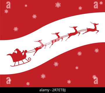 Weihnachtskarte mit einer Silhouette des Weihnachtsmanns und seinem Rentier, einschließlich Rudolph. Rot auf Weiß. Stock Vektor