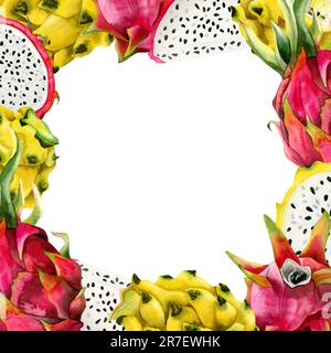 Rosafarbene und gelbe Drachenfrüchte schneiden quadratischen Rahmen mit Kopierbereich. Aquarelle Illustration Botanische Vorlage Stockfoto