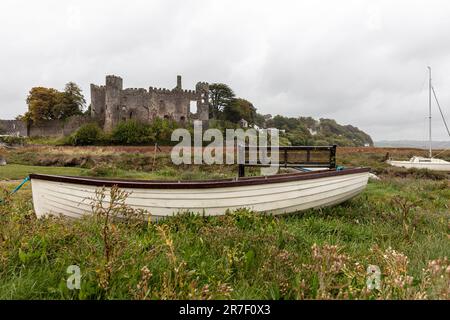 Laugharne Castle, Carmarthenshire, Wales, Vereinigtes Königreich, River TAF, Laugharne UK, Laugharne Wales, Castell, Castell Talacharn, Walisisch, Walisische Schlösser, Schlösser, Stockfoto