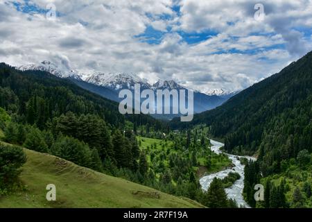 Pahalgam, Indien. 15. Juni 2023. Der Fluss Lidder fließt durch das Aru-Tal in Pahalgam, einem berühmten Touristenziel, etwa 120kms km südlich von Srinagar, der Sommerhauptstadt von Jammu und Kaschmir. Kredit: SOPA Images Limited/Alamy Live News Stockfoto