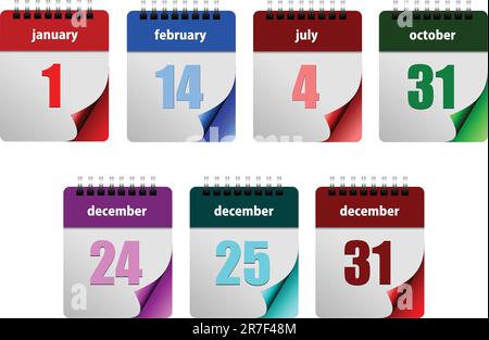 Sieben abstrakte glänzende Kalenderseiten. Neues Jahr. Valentinstag, Unabhängigkeitstag. Halloween. Weihnachten. Vektordarstellung Stock Vektor