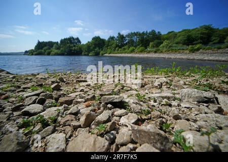 Wayhoh Reservoir in Edgworth, Lancashire. In England hat es in den letzten drei Wochen fast nicht geregnet, während viele Flüsse im Norden und in den West Midlands besonders oder außergewöhnlich niedrig sind, wie neue Zahlen zeigen. Im Südosten und Nordosten ist seit Mai 31 weniger als ein Millimeter gefallen, und der Rest Englands sieht überhaupt keinen Regen. Foto: Donnerstag, 8. Juni 2023. Stockfoto