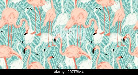 Nahtlose handbemalte rosa Flamingos und abstraktes tropisches Palmenblatt, das sich wiederholt. Künstlerisch exotische Dschungelparadies Urlaub Vibes Wandgemälde Stockfoto
