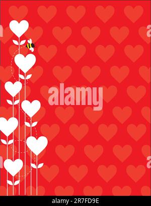 Eine Reihe von weißen herzförmigen Blumen auf einem roten Hintergrund. Eine Biene fliegt von Blume zu Blume Stock Vektor