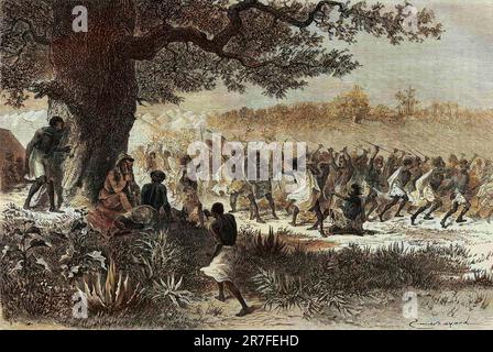 Les Vouagogo (Tribu de Tanzanie) en prepare atifs pour la guerre, sous l'arbre, l'auteur du recit Henry Morton Stanley (1841-1904). Gravure pour Illustrator le voyage a la Recherche de Livingstone, au Centre de l'Afrique, par Henry Stanley, Correspondant du 'New-York Herald', en 1871-72, publie dans ' Le Tour du Monde' 1873 Stockfoto