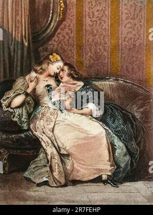 Julie d'Etanges lit une lettre de son amant, Illustrator pour Julie ou la nouvelle Eloise, roman épistolaire de Jean-Jacques Rousseau (1712-1778). Gravure du 19eme Siecle Stockfoto