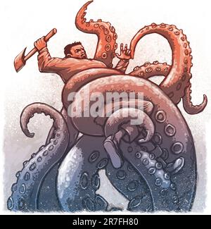 Kunst des Menschen mit Axt, eingewickelt in Tentakeln von Riesenoktopus, inspiriert von Jules Vernes zwanzigtausend Leagues Under the Seas, Science-Fiction, Abenteuerbuch. Stockfoto