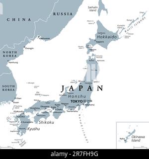 Japan, graue politische Karte. Die Hauptinseln Honshu, Hokkaido, Kyushu, Shikoku und Okinawa. Ostasiatisches Inselland im Nordpazifik. Stockfoto