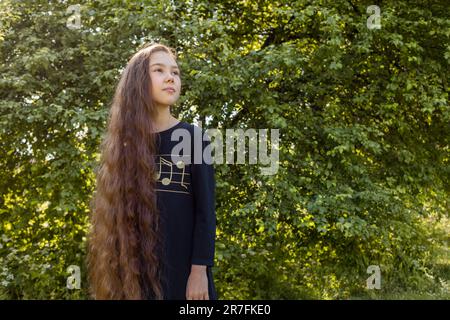 Ein süßes Mädchen mit langen, glänzenden, glatten Haaren, das in Meadow posiert. Kaukasisches, Asiatisch-Braunhaariges Kind, Das Spaß Hat, Die Natur Genießt. Sorgenfrei, Happy Stockfoto