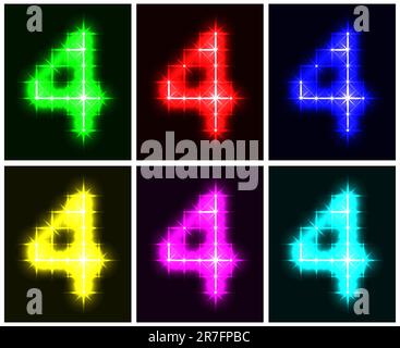 Setze für dein Design ein leuchtendes Symbol der Zahl 4 auf schwarzen Hintergrund. Vektordarstellung. EPS-10. Stock Vektor
