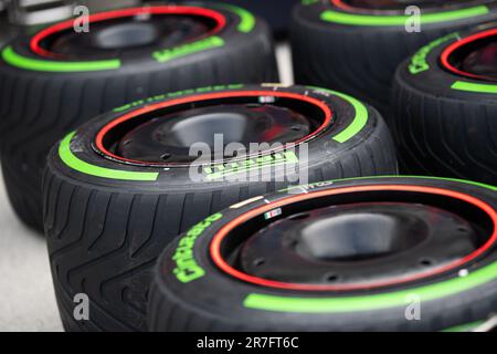 Montreal, Kanada. 15. Juni 2023. Nasse Pirelli-Reifen. Formel-1-Weltmeisterschaft, Rd 9, kanadischer Grand Prix, Donnerstag, 15. Juni 2023. Montreal, Kanada. Kredit: James Moy/Alamy Live News Stockfoto