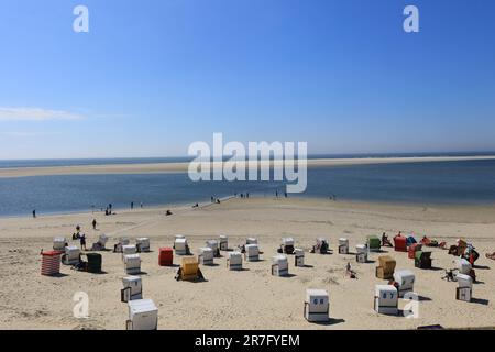 Liegestühle am Strand der Insel Borkum Stockfoto