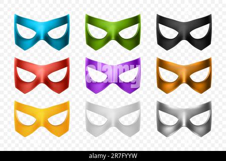 Vector Super Hero Masks Set. Face Character, Superheld Comic Book Mask Collection. Superhelden Foto Requisiten, Frauen und Männer Masken, Karneval Gesichtsmaske Stock Vektor